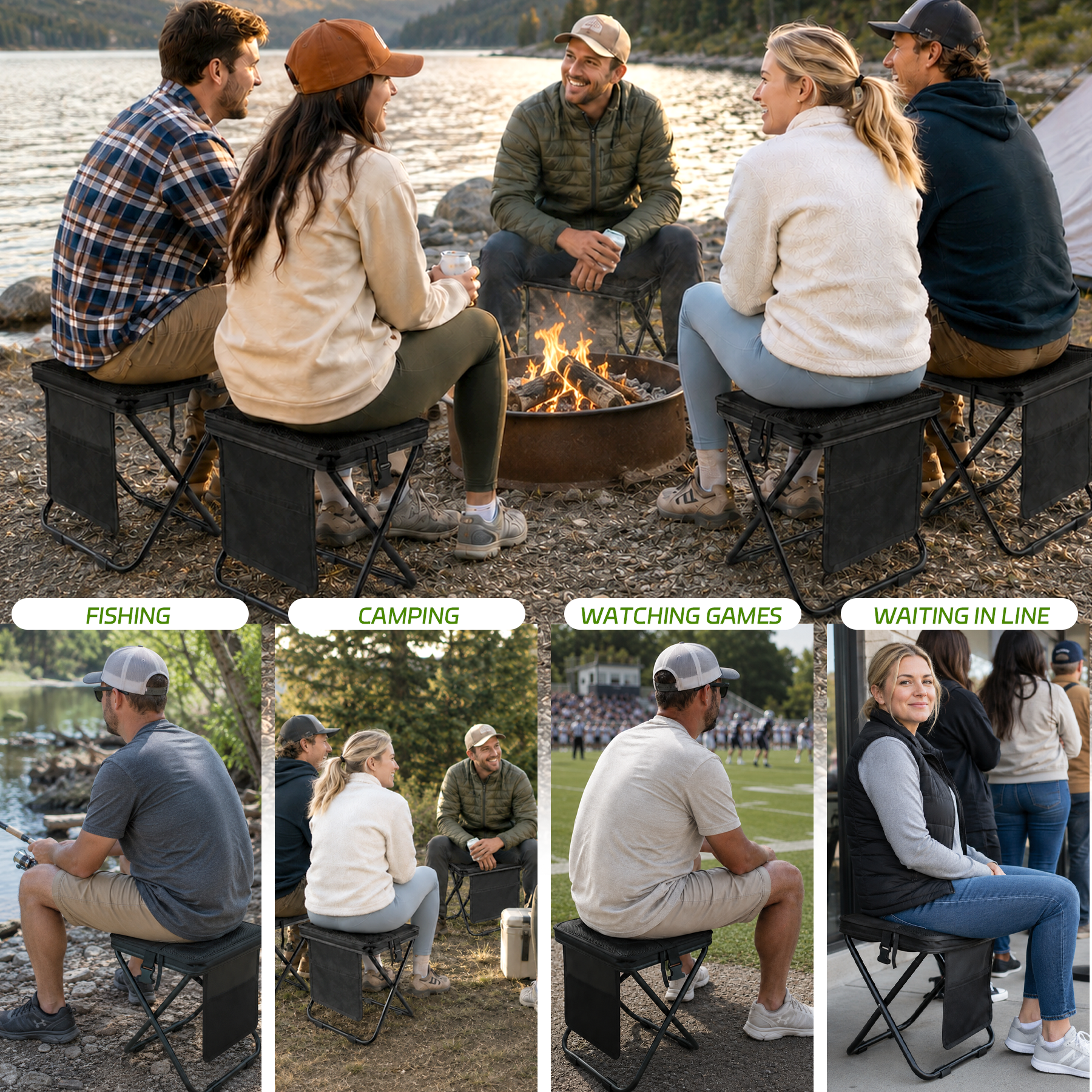 WALKSET Extra Tall Collapsible Camping Stool - Ultralight Portable Outdoor Seat, Green Extra Large, 250 lbs Capacity, 3 Side Pockets, Shoulder Strap for Fishing, Hiking, Gardening