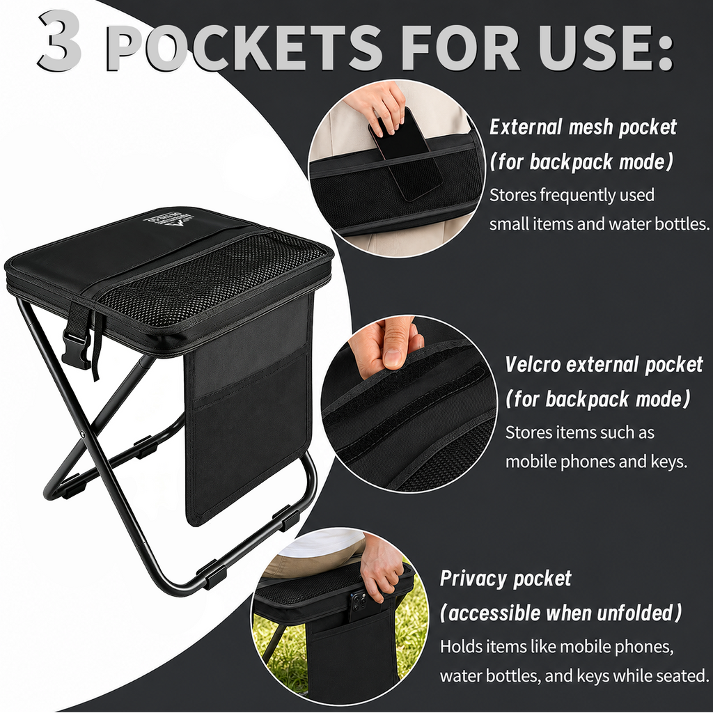 WALKSET Extra Tall Collapsible Camping Stool - Ultralight Portable Outdoor Seat, Green Extra Large, 250 lbs Capacity, 3 Side Pockets, Shoulder Strap for Fishing, Hiking, Gardening