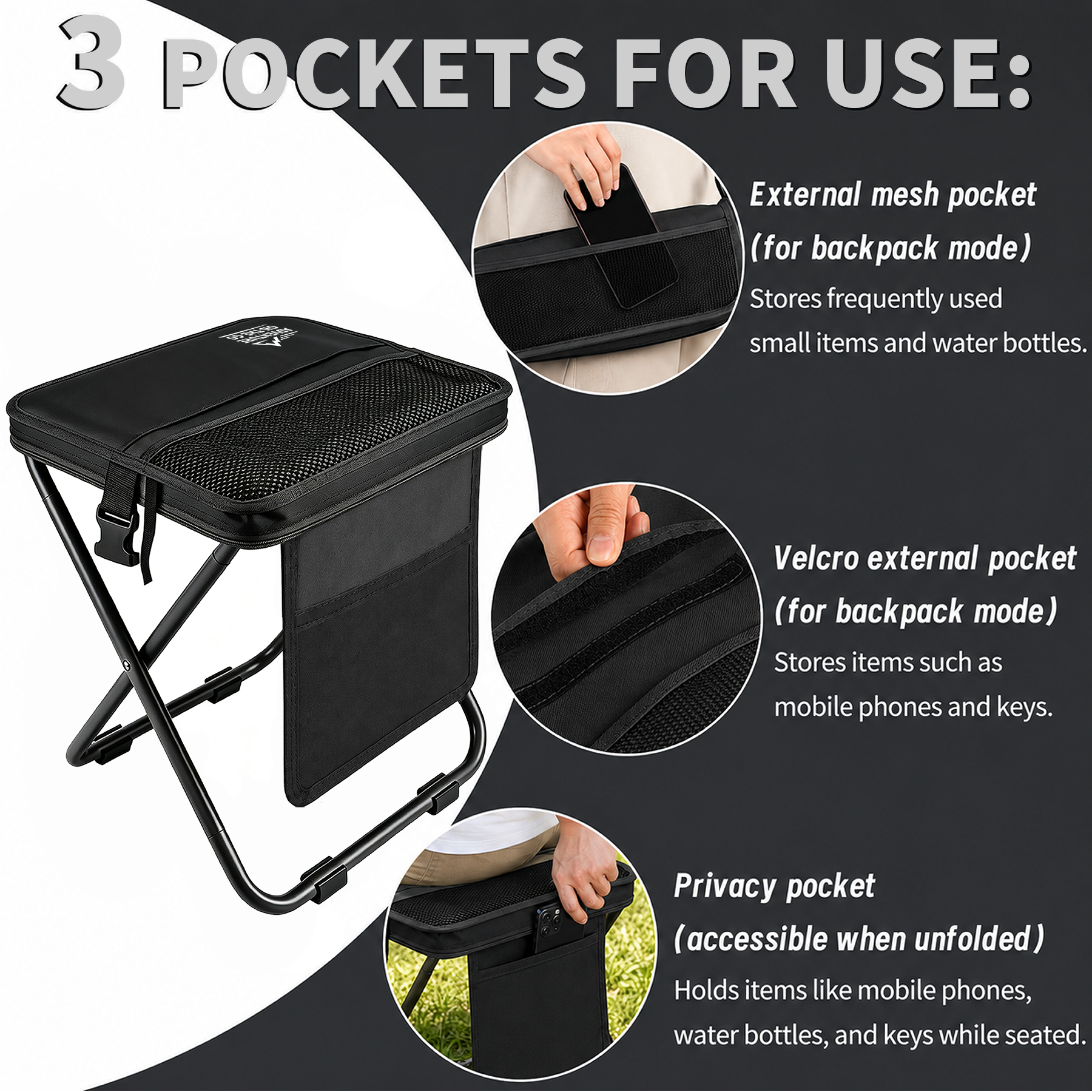 WALKSET Extra Tall Collapsible Camping Stool - Ultralight Portable Outdoor Seat, Green Extra Large, 250 lbs Capacity, 3 Side Pockets, Shoulder Strap for Fishing, Hiking, Gardening
